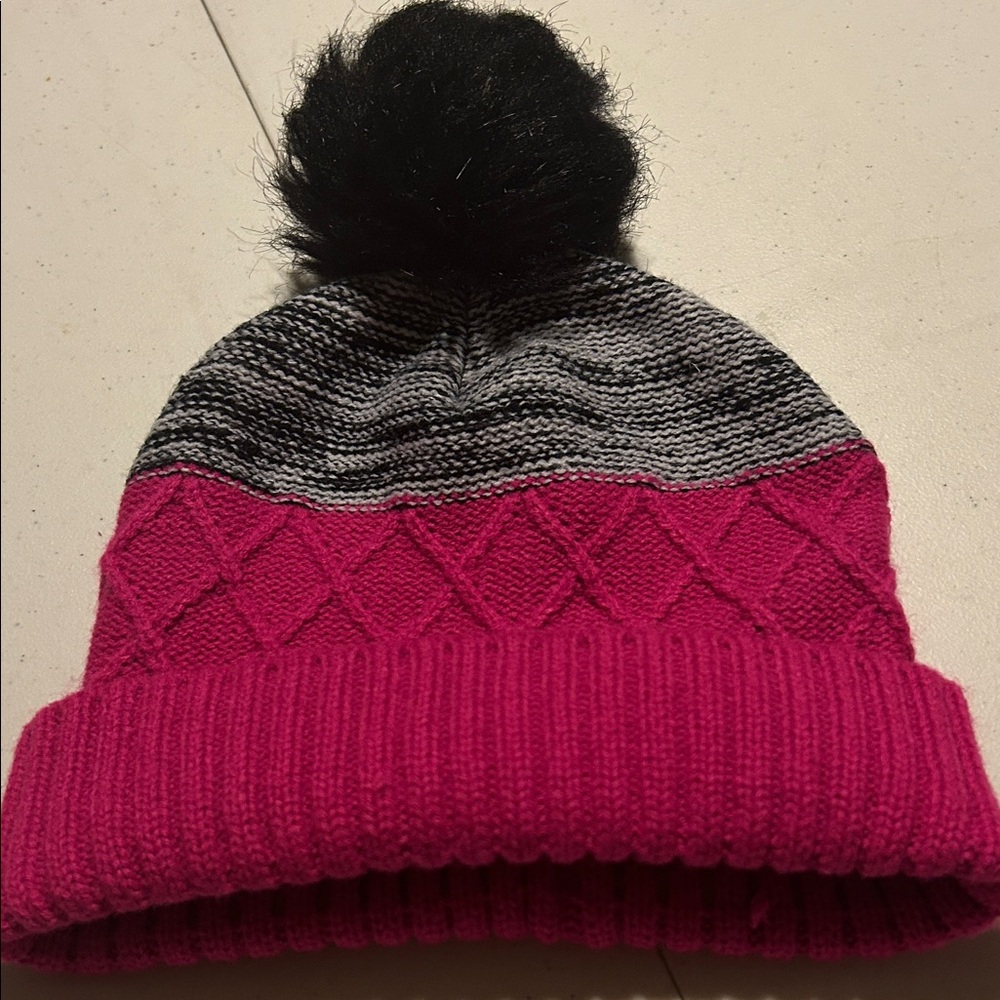 bebe Pink and Gray Knit Hat with Black Pom